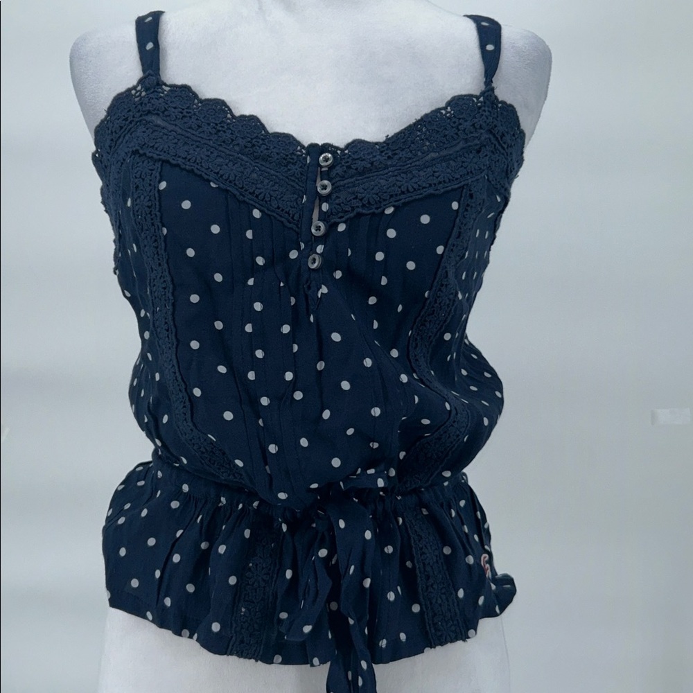 New Hollister Polka Dot Lace Cami Top Navy Blue Button Front Size Medium - Picture 3 of 10